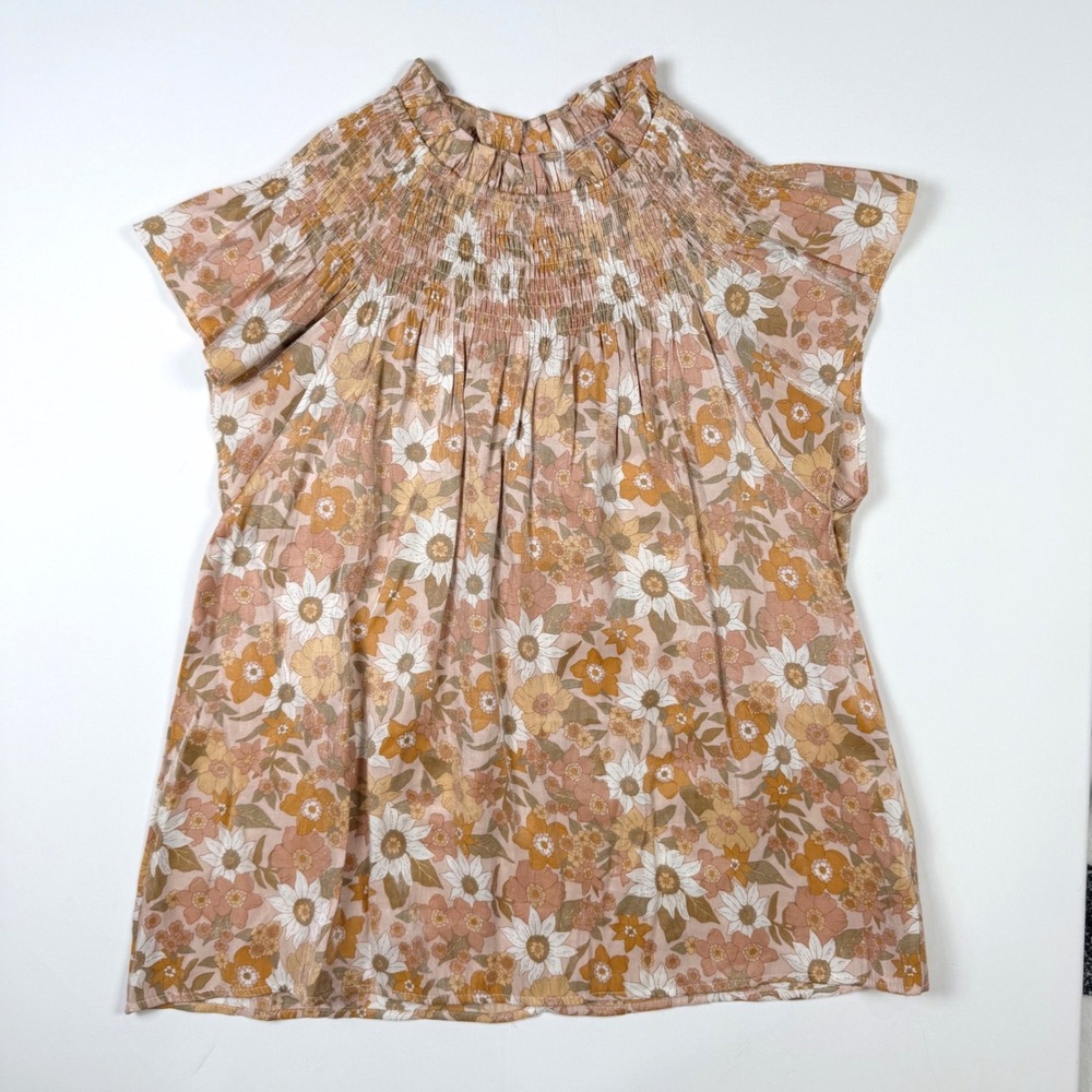 Moodie Floral Smocked High Neck Blouse Womens Medium Pink‎ Tan Metallic NWOT